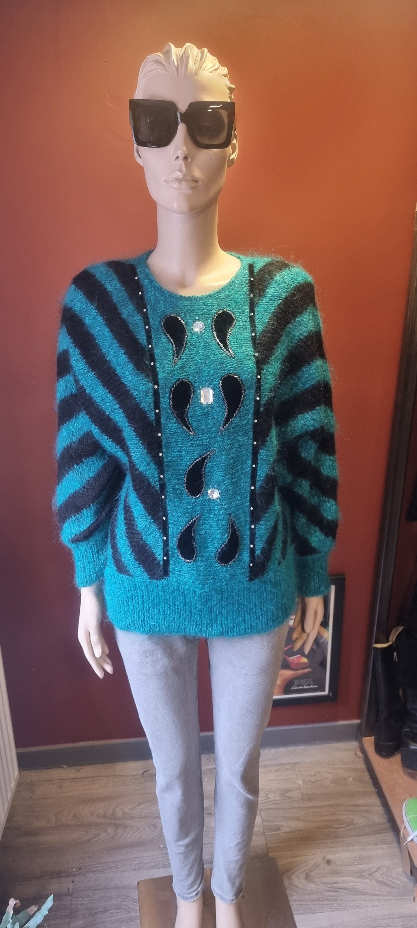 Teal and Black Mohair Batwing Jumper
