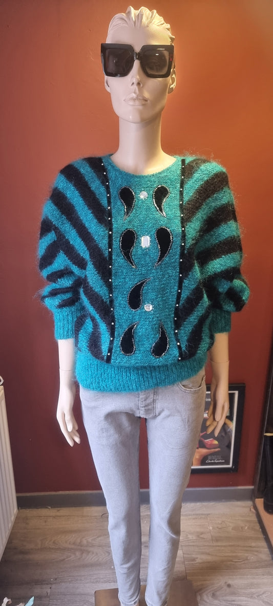 Teal and Black Mohair Batwing Jumper